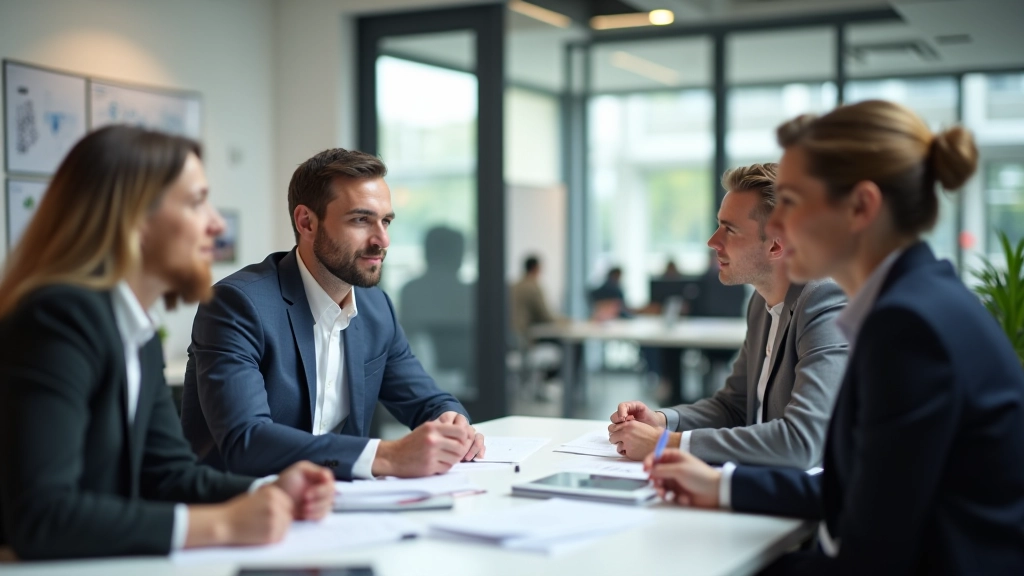 Diverse Gruppe von Fachleuten in modernem Büroumfeld, die zusammenarbeiten und diskutieren