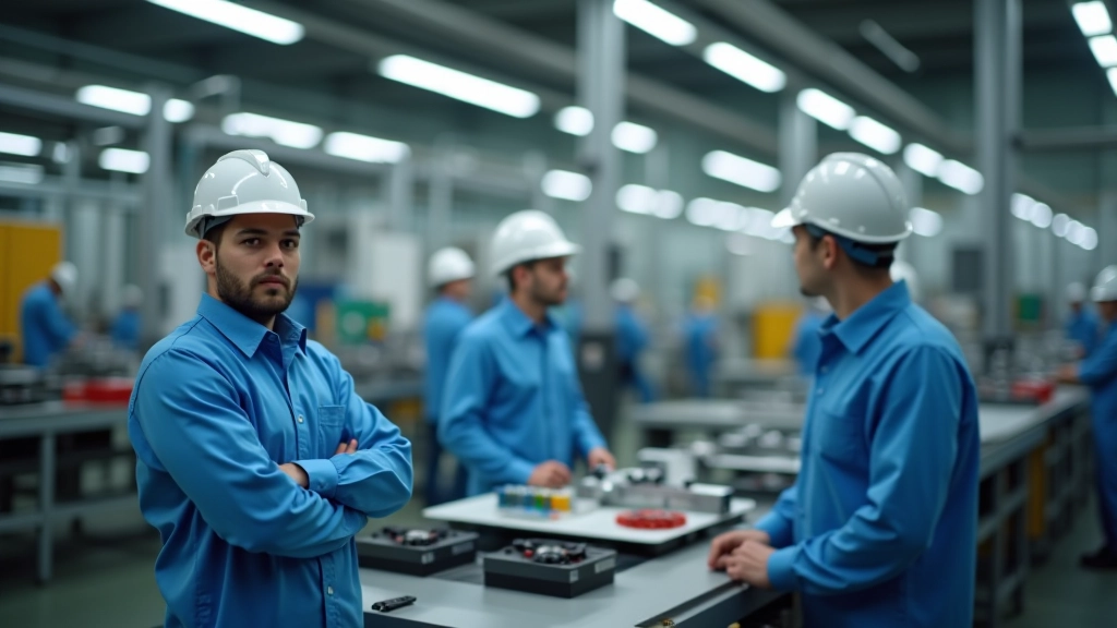 Arbeiter in einem Industriebetrieb an einer Produktionslinie, moderne Fabrikausrüstung