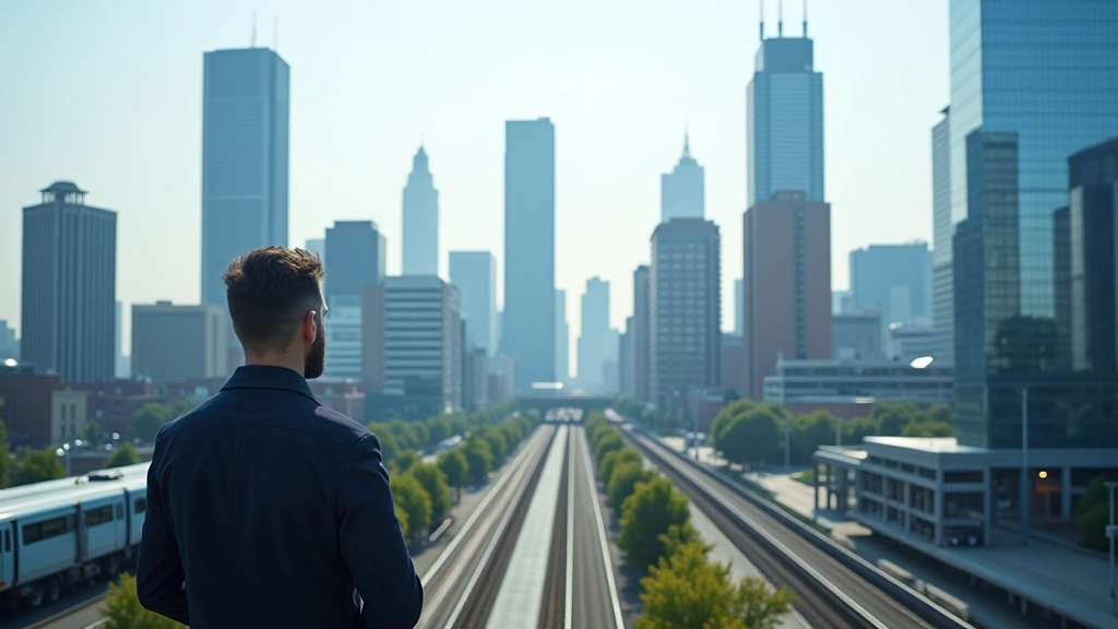 Moderne Skyline einer großen deutschen Stadt mit Bürogebäuden und Verkehrsknotenpunkten