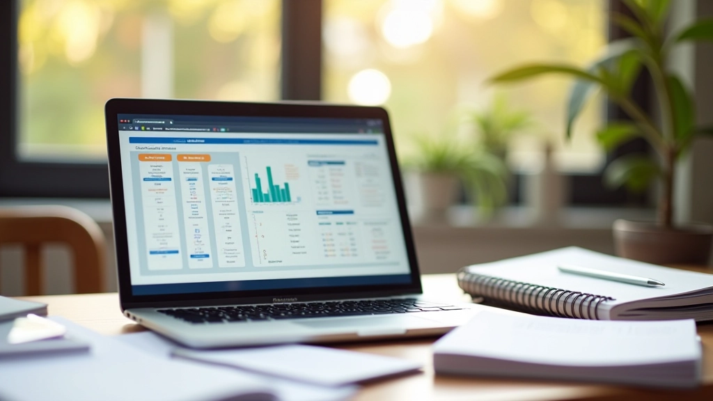 Laptop auf Schreibtisch mit Zeiterfassungssoftware, neben Notizbuch und Büromaterialien