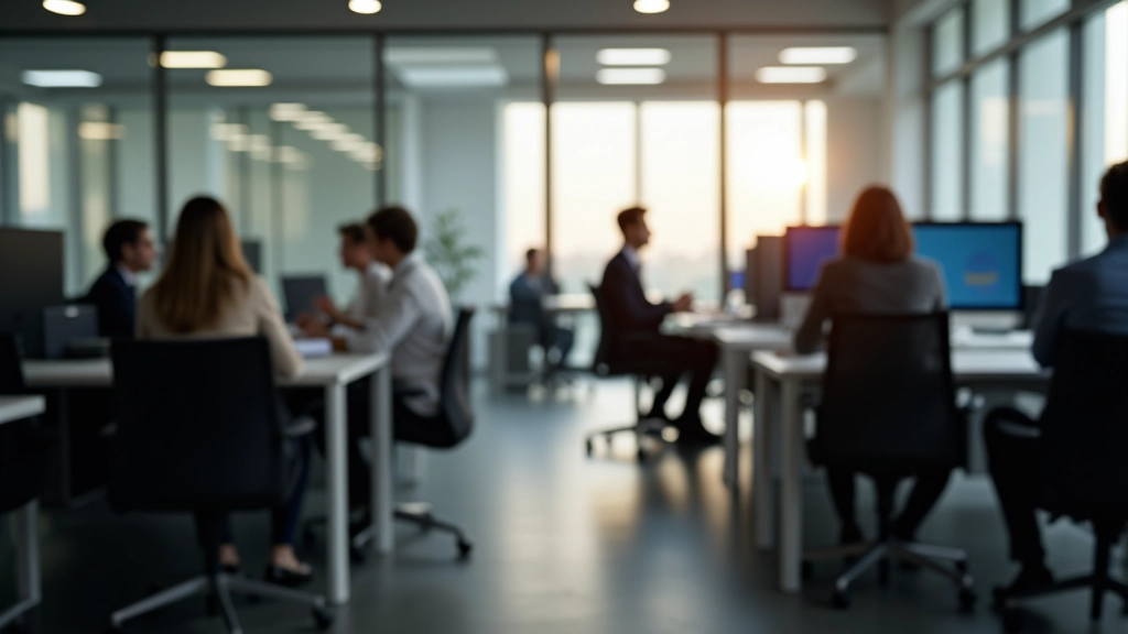 Arbeitsplätze in einem modernen Büro mit Mitarbeitern an Schreibtischen und Zusammenarbeitsbereichen