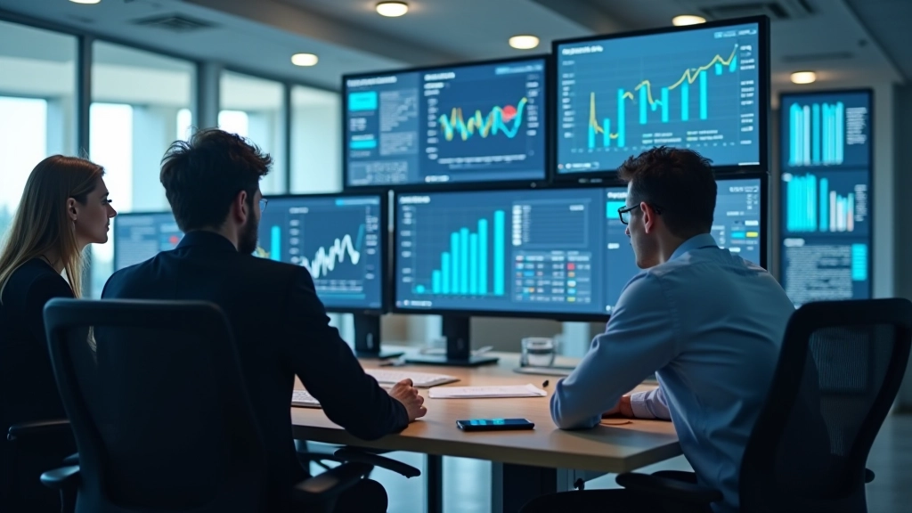 Team analysiert Arbeitsmarktdaten auf Computermonitoren in modernem Büro