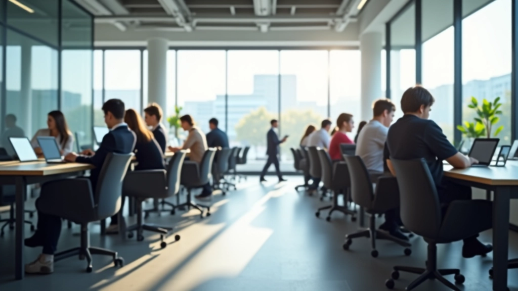 Moderne Büroumgebung mit flexiblen Arbeitsplätzen, mehreren Schreibtischen, hellen Fenstern und motivierten Mitarbeitern in verschiedenen Tätigkeiten