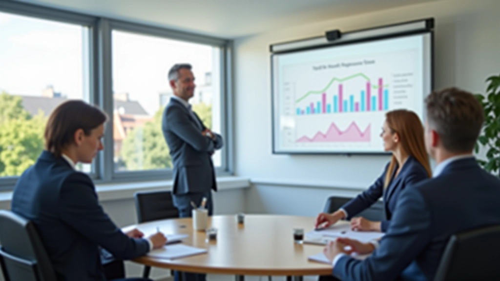 Geschäftsleute diskutieren über Arbeitsmarktdaten in einem modernen Konferenzraum mit Whiteboard