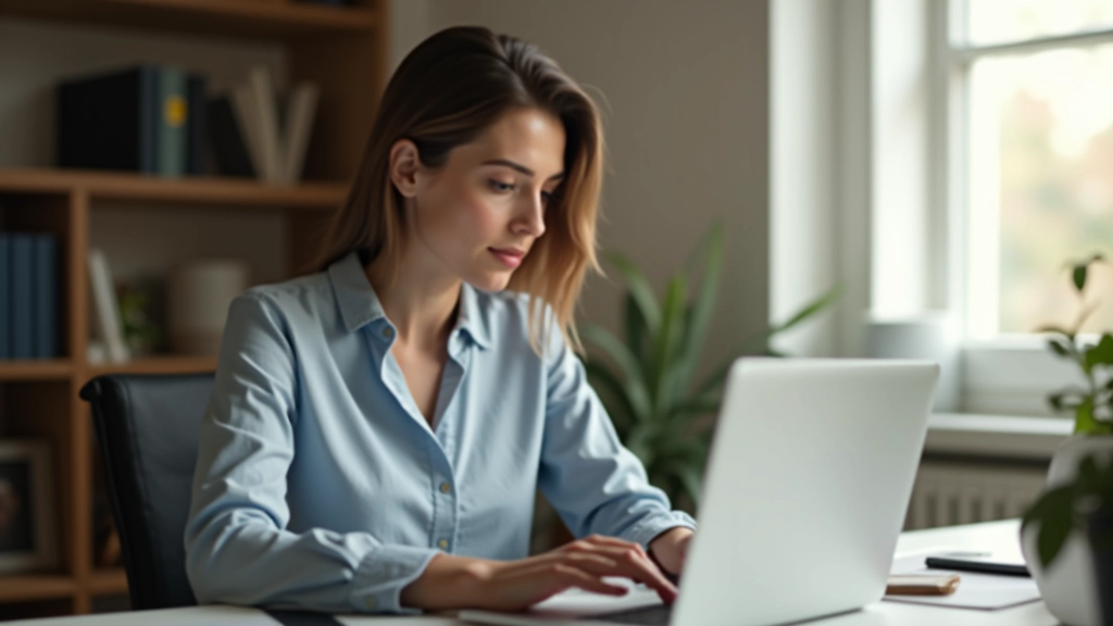 Frau arbeitet konzentriert an Laptop am Schreibtisch mit Notizbuch und Kaffee, Homeoffice-Szenario