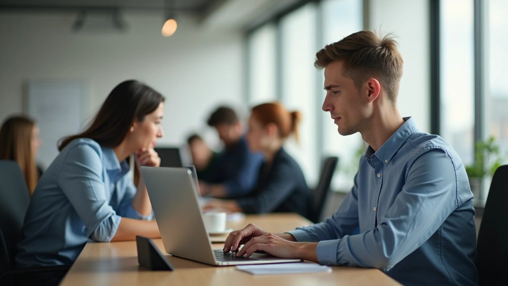 Junge Menschen in modernem Coworking Space, konzentriert bei der Arbeit am Laptop, helles natürliches Licht, motivierte Atmosphäre